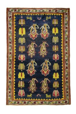 Full view of 2000s Persian Gabbeh rug from Iran / Persia, 186 × 123 cm in Blue tones