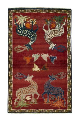 Full view of 2000s Persian Gabbeh rug from Iran / Persia, 190 × 116 cm in Red tones