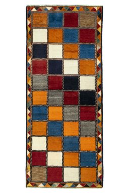 Full view of 2000s Persian Gabbeh rug from Iran / Persia, 193 × 81 cm in Multi Color tones