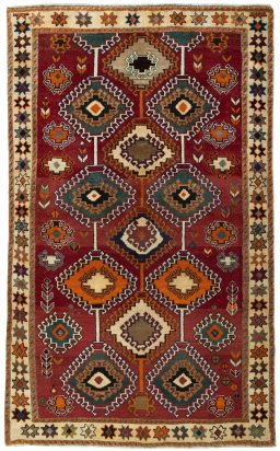 Full view of 2000s Persian Gabbeh rug from Iran / Persia, 224 × 136 cm in Red tones
