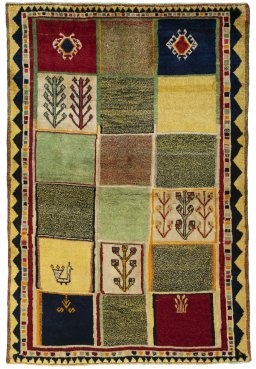 Full view of 2000s Persian Gabbeh rug from Iran / Persia, 170 × 115 cm in Multi Color tones