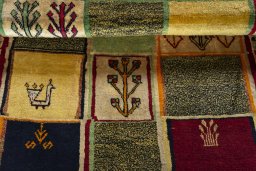 Full view of 2000s Persian Gabbeh rug from Iran / Persia, 170 × 115 cm in Multi Color tones