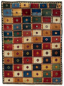 Full view of 2000s Persian Gabbeh rug from Iran / Persia, 171 × 127 cm in Multi Color tones