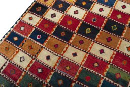 Backside of handmade 2000s Persian Gabbeh rug showing knot structure and weave density