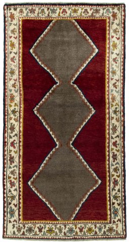 Full view of 2000s Persian Gabbeh rug from Iran / Persia, 183 × 95 cm in Red tones