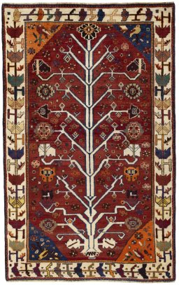Full view of 2000s Persian Gabbeh rug from Iran / Persia, 192 × 121 cm in Red tones