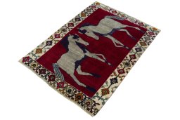 Corner detail of 2000s Persian Gabbeh rug showing border pattern and Wool pile