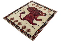 Corner detail of 2000s Persian Gabbeh rug showing border pattern and Wool pile