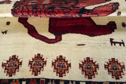 Full view of 2000s Persian Gabbeh rug from Iran / Persia, 186 × 146 cm in Beige tones