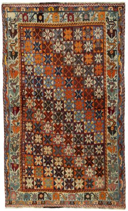 Full view of 1970s Persian Gabbeh rug from Iran / Persia, 225 × 135 cm in Multi Color tones