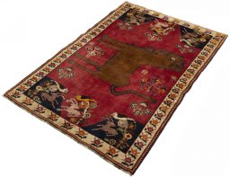 Corner detail of 2000s Persian Gabbeh rug showing border pattern and Wool pile