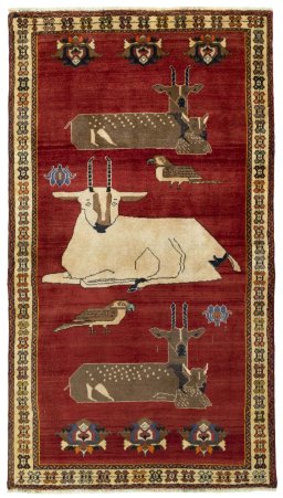 Full view of 2000s Persian Gabbeh rug from Iran / Persia, 215 × 120 cm in Red tones