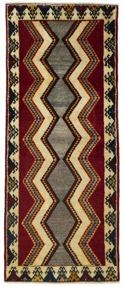 Full view of 2000s Persian Gabbeh rug from Iran / Persia, 206 × 86 cm in Red tones