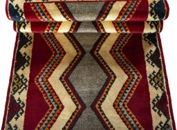 Full view of 2000s Persian Gabbeh rug from Iran / Persia, 206 × 86 cm in Red tones