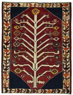 Full view of 2000s Persian Gabbeh rug from Iran / Persia, 153 × 118 cm in Red tones