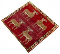 Corner detail of 2000s Persian Gabbeh rug showing border pattern and Wool pile
