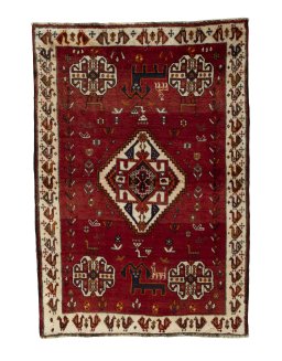 Full view of 2000s Persian Gabbeh rug from Iran / Persia, 147 × 103 cm in Red tones