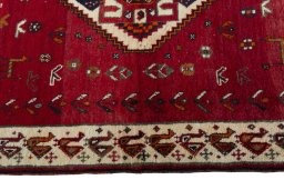 Full view of 2000s Persian Gabbeh rug from Iran / Persia, 147 × 103 cm in Red tones