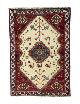 Full view of 2000s Persian Gabbeh rug from Iran / Persia, 158 × 108 cm in Beige tones