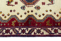 Full view of 2000s Persian Gabbeh rug from Iran / Persia, 158 × 108 cm in Beige tones