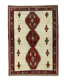 Full view of 2000s Persian Gabbeh rug from Iran / Persia, 150 × 108 cm in Beige tones