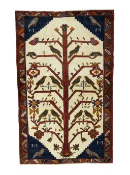 Full view of 2000s Persian Gabbeh rug from Iran / Persia, 180 × 112 cm in Beige tones
