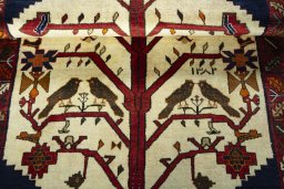 Full view of 2000s Persian Gabbeh rug from Iran / Persia, 180 × 112 cm in Beige tones
