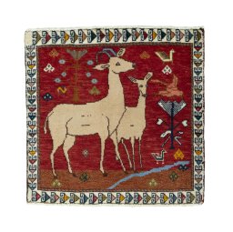 Full view of 2000s Persian Gabbeh rug from Iran / Persia, 62 × 63 cm in Red tones