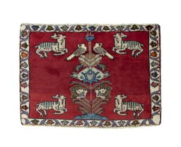 Full view of 2000s Persian Gabbeh rug from Iran / Persia, 47 × 65 cm in Red tones