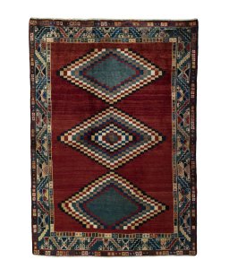 Full view of 2000s Persian Gabbeh rug from Iran / Persia, 182 × 132 cm in Red tones