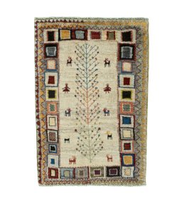 Full view of New Persian Gabbeh rug from Iran / Persia, 95 × 65 cm in Beige tones