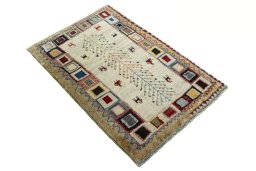 Close-up detail of New Persian Gabbeh rug from Iran / Persia showing Wool weave