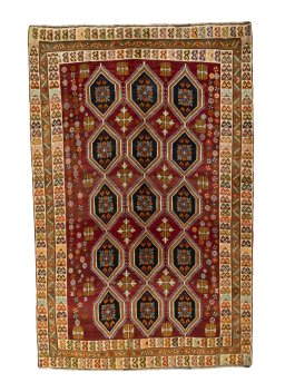 Full view of 2000s Persian Gabbeh rug from Iran / Persia, 243 × 157 cm in Red tones