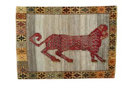 Full view of 2000s Persian Gabbeh rug from Iran / Persia, 153 × 111 cm in Beige tones