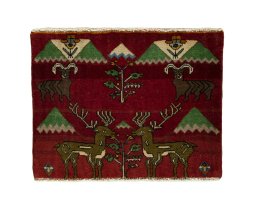 Full view of 2000s Persian Gabbeh rug from Iran / Persia, 49 × 62 cm in Red tones