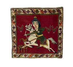 Full view of 2000s Persian Gabbeh rug from Iran / Persia, 56 × 58 cm in Red tones