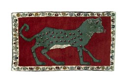 Full view of 2000s Persian Gabbeh rug from Iran / Persia, 108 × 63 cm in Red tones