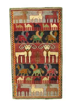 Full view of 2000s Persian Gabbeh rug from Iran / Persia, 185 × 105 cm in Multi Color tones