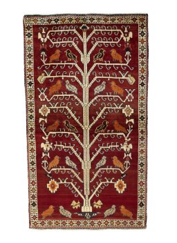 Full view of 2000s Persian Gabbeh rug from Iran / Persia, 207 × 117 cm in Red tones