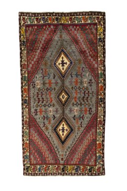 Full view of 2000s Persian Gabbeh rug from Iran / Persia, 303 × 160 cm in Multi Color tones
