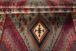 Full view of 2000s Persian Gabbeh rug from Iran / Persia, 303 × 160 cm in Multi Color tones