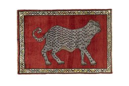 Full view of 2000s Persian Gabbeh rug from Iran / Persia, 108 × 75 cm in Red tones
