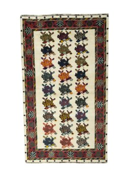 Full view of 2000s Persian Gabbeh rug from Iran / Persia, 210 × 123 cm in Beige tones