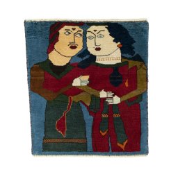 Full view of 2000s Persian Gabbeh rug from Iran / Persia, 65 × 60 cm in Red tones
