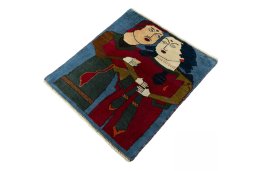 Corner detail of 2000s Persian Gabbeh rug showing border pattern and Wool pile