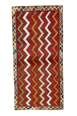 Full view of 2000s Persian Gabbeh rug from Iran / Persia, 190 × 92 cm in Red tones