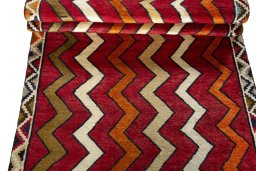 Full view of 2000s Persian Gabbeh rug from Iran / Persia, 190 × 92 cm in Red tones