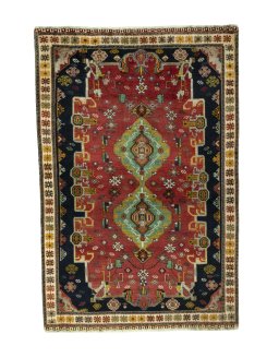 Full view of 2000s Persian Gabbeh rug from Iran / Persia, 192 × 128 cm in Red tones