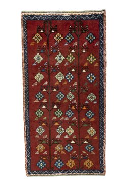 Full view of 2000s Persian Gabbeh rug from Iran / Persia, 143 × 74 cm in Red tones