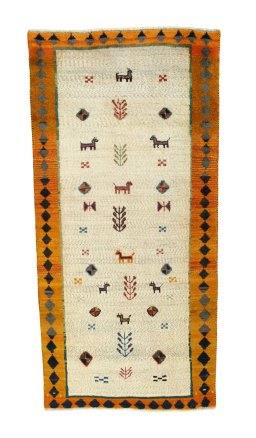 Full view of 2000s Persian Gabbeh rug from Iran / Persia, 187 × 90 cm in Beige tones